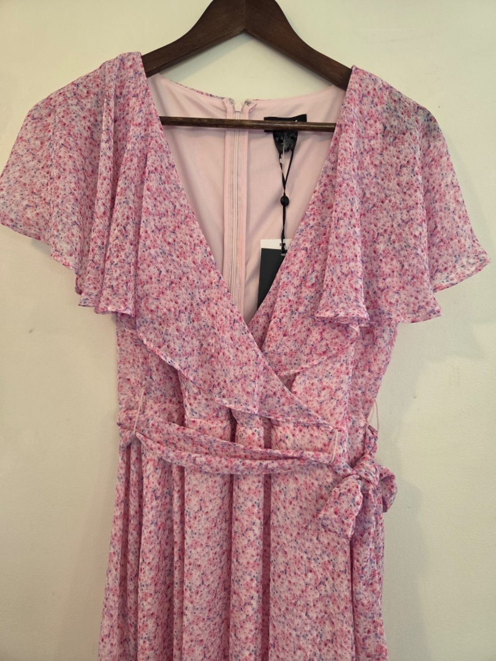 NWT DKNY dress S faux wrap pink floral tiered skirt wedding guest event date - Picture 3 of 16
